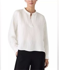 $298 STUNNING NEW NWOT EILEEN FISHER-S-BOXY SILK & LINEN BAND COLLAR TOP,  IVORY