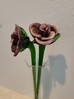 Vtg 2 Hand Blown Art Glass Purple Mauve 12" Stem Flowers WITH VASE Murano Style