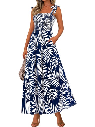 Womens Summer Dresses Floral Sleeveless Smocked Maxi Dress Boho Spaghetti Str...