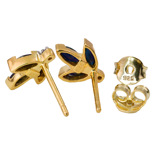 Natural Sapphire Earrings Gold Plated Sterling Silver Ink Blue Gem Small Diamond - Picture 4 of 9