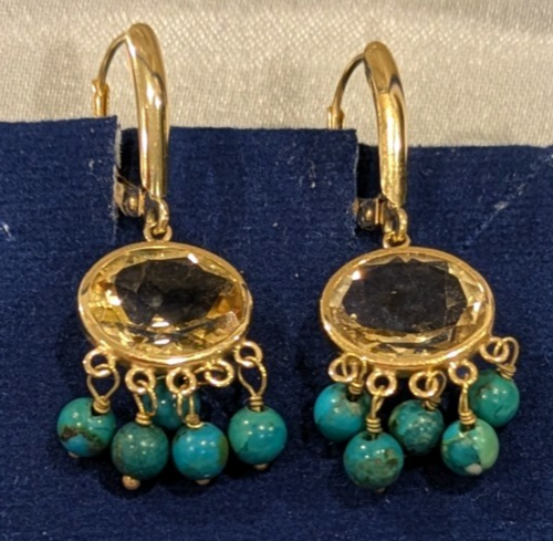 Stunning Yellow Gold, Turquoise Drop/Dangle Leverback Citrine Earrings ZB 14k - Picture 4 of 6