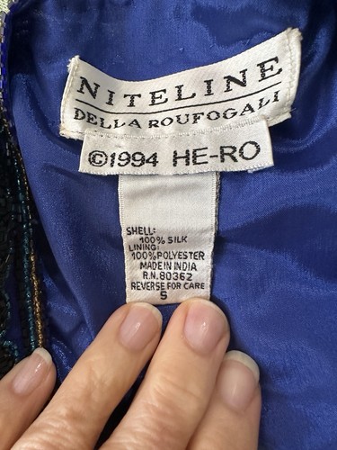 VTG 90s Niteline Della Roufogali Blue Sequin Beaded 100% Silk Jacket Size S/M - Picture 8 of 8