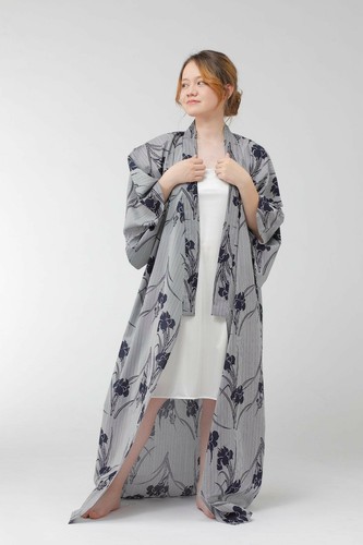 Japanese Yukata Kimono Women Iris & Stripe Cotton Robe Made in Japan - Picture 3 of 9