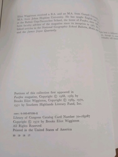The Foxfire Book Eliot Wigginton 1972 Hardcover 1st Edition 3rd Printing - Picture 3 of 9
