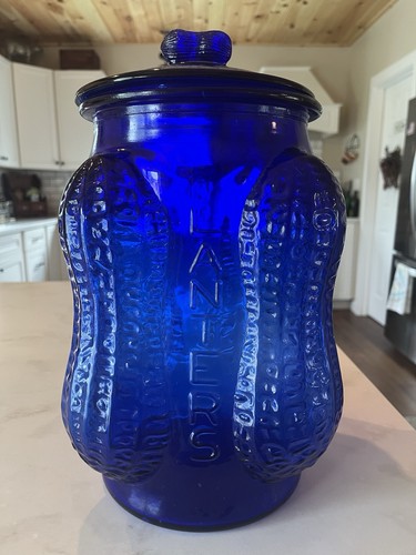 VTG Cobalt Planters Peanut Cookie Jar, 4 Corner Peanut Jar