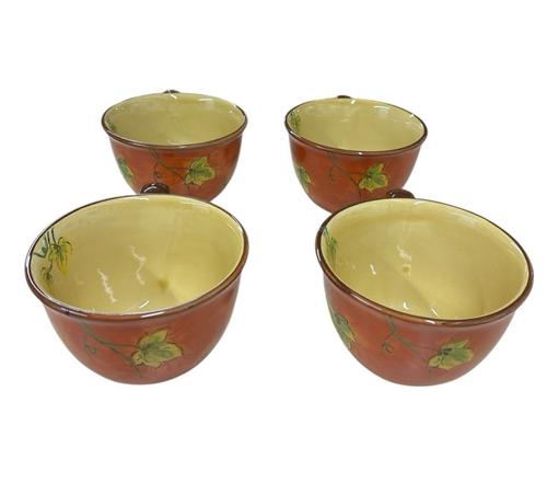 Orange Rooster Soup Cereal Bowl w/Handle Floral Rooster Yellow Inside Set of 4 - Picture 7 of 14