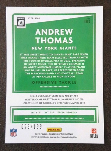 ANDREW THOMAS RC 2020 Panini Optic #103 Wave Rookie Prizm /199 Giants. B2B - Picture 2 of 3