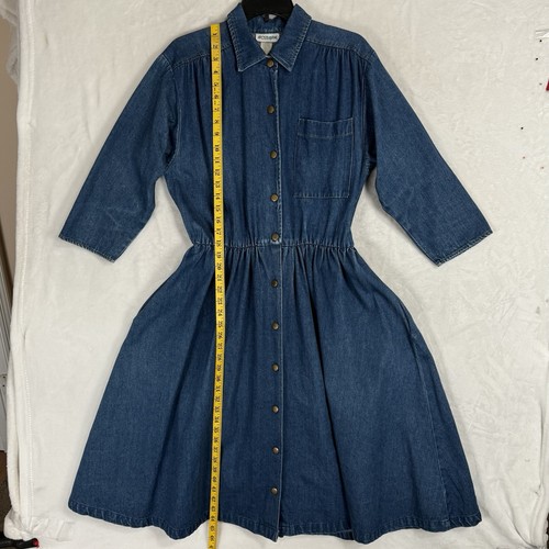 Vintage Denim Midi Shirt Dress Size 10 Pleated Heavy Full Skirt Western Prairie - Picture 11 of 18