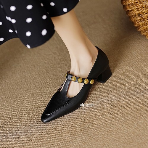 Womens Leather Shoes T-shaped Pointed Toe Rivets Pumps Shoes Mary Jane Shoes Sz - Picture 21 of 26