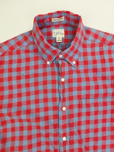 J. Crew Slim Untucked Cotton Linen Twill Size Small Mens Blue Red Button Down - Picture 1 of 9