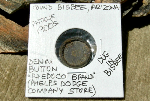 1900s BISBEE ARIZONA PHEDOCO PHELPS DODGE MINING COMPANY STORE JEAN BUTTON RELIC - Picture 8 of 9