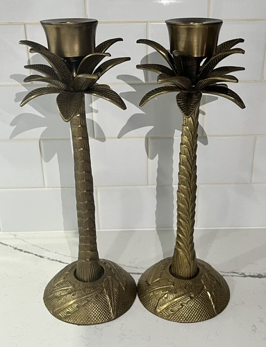 Set of 2 Vintage Solid Brass Palm Tree Frond Leaf Candle Stick Holders 13" Tall - Picture 4 of 15