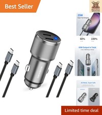 Ultra-Fast 60W Dual USB C Car Charger with Short Circuit Protection  2 Cables