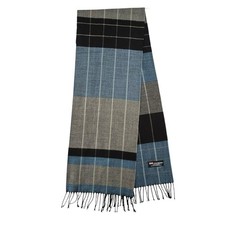 100 Cashmere Made in Scotland Plaid Scarf Fringe Gray Black Blue Unisex Winter