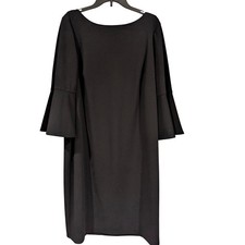 Calvin Klein Black Bell Sleeve Sheath Dress 14W Gold Zipper Work Office Career
