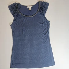 Kenar Shirt Womens Medium Blue Beaded Scoop Neck Ruffle Cap Sleeve Stretch Knit