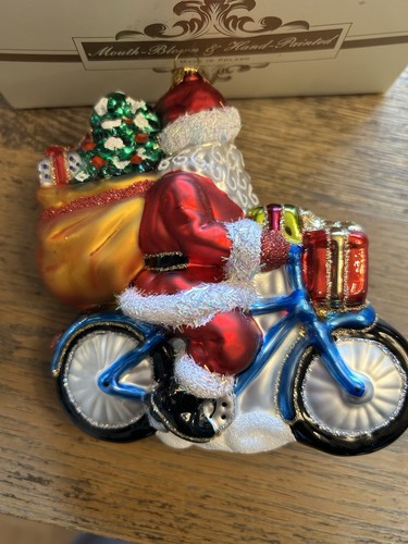 Glass Ware Art Studio Glass Santa On Motorcycle Ornament Poland, Original Box - Picture 3 of 4