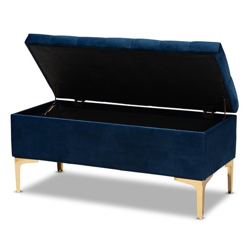Baxton Studio Valere Navy Blue Velvet Gold Button Tufted Storage Ottoman - Picture 2 of 11