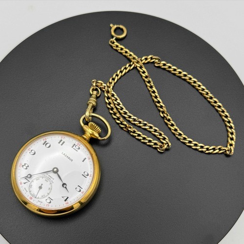 Vtg Lazarus 17J Swiss Incabloc Pocket Watch w/ Chain Gold Tone (AHB) - Picture 5 of 10