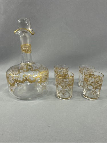 Old Saint-Louis TALMA Gold-rimmed Crystal Decanter w/ 4 Gold-Rimmed Mini Glasses - Picture 4 of 22