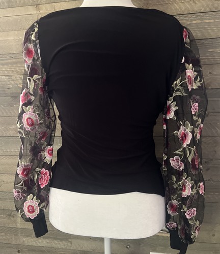 Venus schwarz Surplice Top Bluse groß bestickt transparente Ärmel Blumen Cinched - Bild 7 von 10
