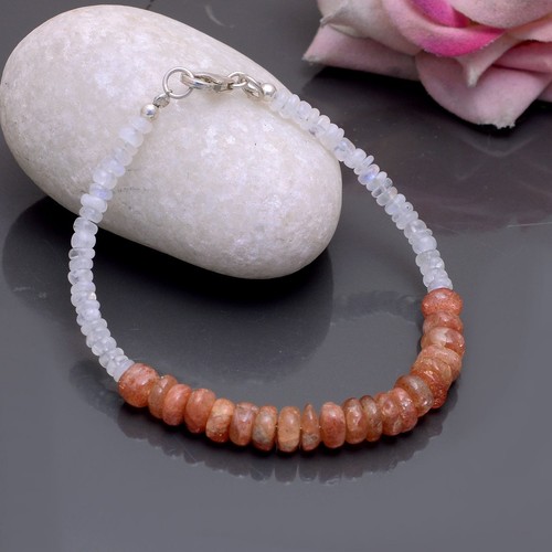 Natural White Rainbow Moonstone and Sunstone Beaded Bracelet, Multi Stone Design - Picture 3 of 3