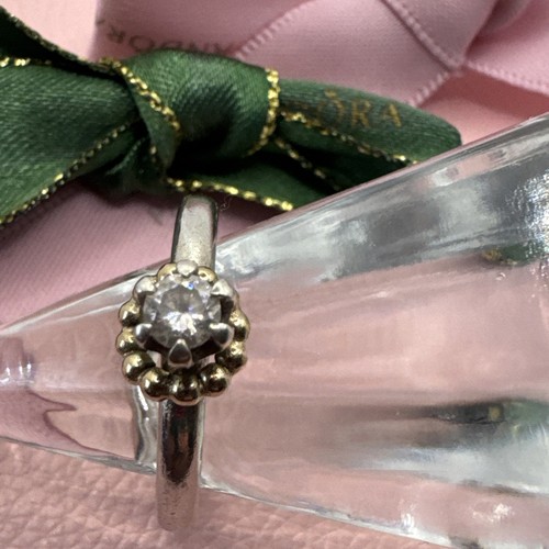 Anillo Pandora Circonita Transparente Dos Tonos Plata Oro 14k Halo Recordatorio 190379 Talla 56 - Imagen 2 de 10