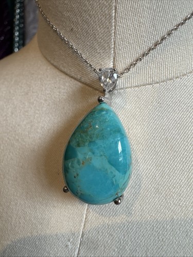 Sterling Silver Teardrop Turquoise & Clear Topaz Pendant On A Fine Chain TGGC - Picture 3 of 8