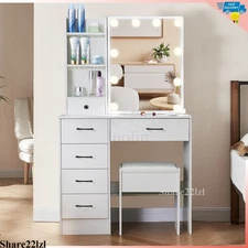 Vanity Table Set Makeup Dressing Table 6 Drawers 10 LED Light Mirror Stool White