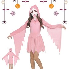 Girls Ghost Lives Face Pink Sparkly Halloween Costume Dress  Mask Set L/XL/XXL