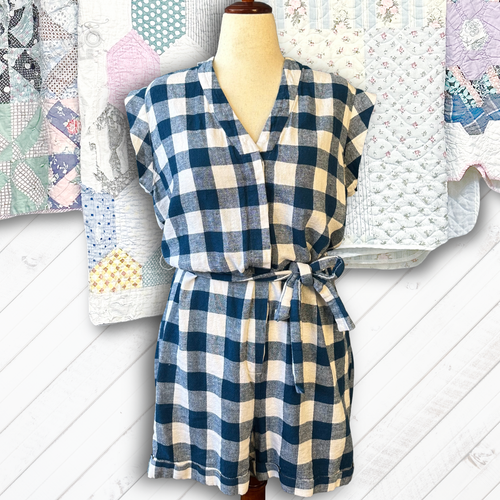 J Crew blau Buffalo kariert Karo Leinen Tie Taille Shorts Strampler Größe L XL - Bild 1 von 13