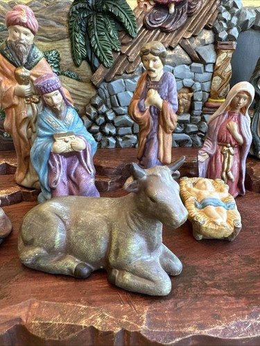 Vintage RARE Nativity Scene 12 Pieces Ceramic And Wood Pulls Apart For Storage - Picture 3 of 15