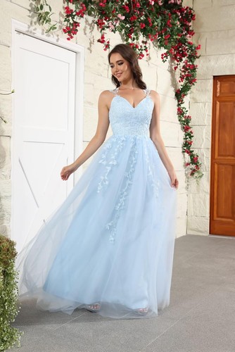  Spaghettiträgern Tüll Ballkleider Lang Spitzenapplikationen Hochzeitskleid - Bild 103 von 119