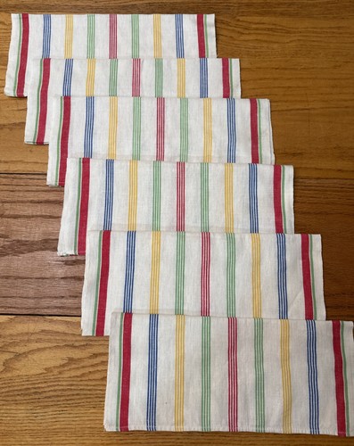 VINTAGE LOT OF 6 LINEN KITCHEN TEA TOWELS CANDY STRIPED CLEAN 16X27” UNUSED - Picture 3 of 9