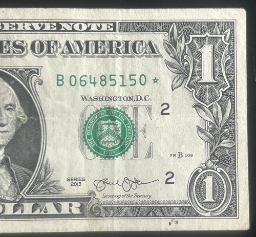 (B 2013 DUPLICATE STAR NOTE!) 1 $ Duplikat Stern Schein B06485150 * Serie B 2013 FW - Bild 1 von 3