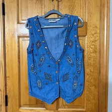 Vintage Embroidered Denim Vest with Beads size Medium