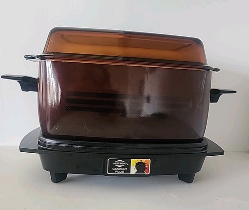 Vintage West Bend Cooker Plus Brown Stripes 1.5 qt 5275 w/ Casserole Lid WORKS - Picture 2 of 11