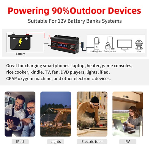 Car 2000W Peak Power Inverter DC 12V to AC 230V Converter With 2USB & LCD Black - Picture 6 of 8