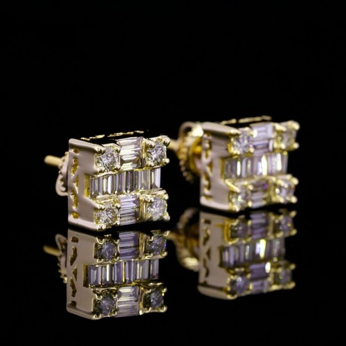 2Ct Round & Baguette Cut Lab Grown Diamond Screw back Stud 14K Yellow Gold - Picture 6 of 14