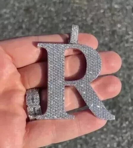 925 Sterling Silver 2.00 Ct Men's Real Moissanite Custom R Initial Charm Pendant - Picture 8 of 8