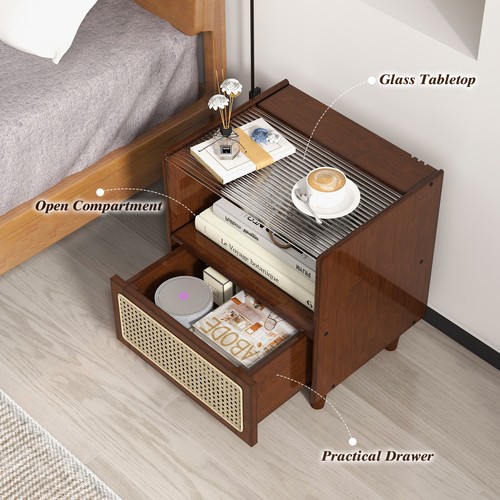 Bamboo Rattan Bedside Table Boho Nightstand w/ Drawer & Wood Legs Brown - Picture 3 of 7