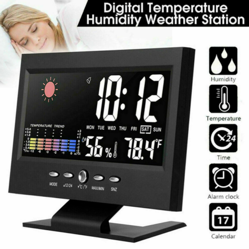 LED Digital Alarm Clock Snooze Calendar Thermometer Hygrometer Weather Display - Picture 1 of 17