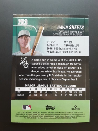 2022 Topps Stadium Club Gavin Sheets #253 Rookie RC Chicago White Sox - Picture 3 of 3