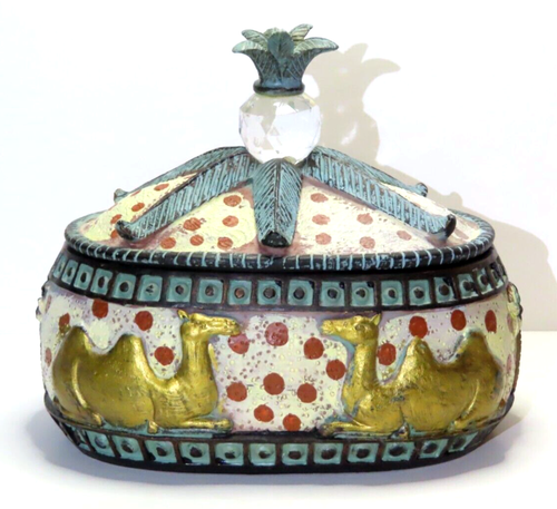 Vintage Hand Painted Resin Oval Trinket Keepsake Jewelry Box Elephants & Camels - Picture 2 of 14
