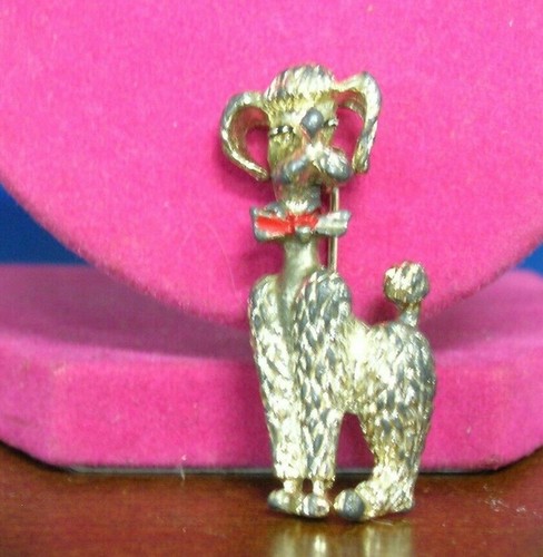 Poodle sitting silver tone with red enamel bow tie pin or pendant 1 1/2" tall - Picture 2 of 5