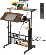 Mobile Standing Desk with Charging Station  Wheels - Rustic Brown 31.5" x 23.6