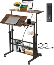 Mobile Standing Desk with Charging Station, Stand up Laptop Desk Mobile Workstat