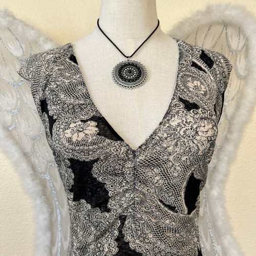 Y2K Romantic Dark Stretchy Fitted Dress Paisley V Neck Sleeveless Midi M Vampy - Picture 2 of 8