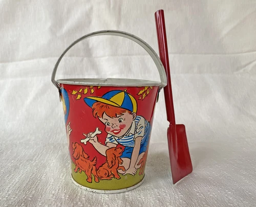 Vtg 40s Ohio Art Tin Litho Small Sand Pail w Shovel Boy Girl Setter Puppy VGC
