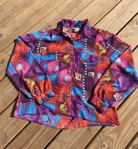 Vintage 90s Colourful Abstract Short Sleeve Womens Shirt Size XL